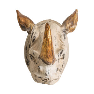 Figura decorativa Rinoceronte de estilo nórdico fabricado en resina en color crema con acabado envejecido en color oro.