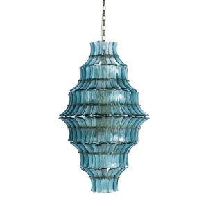 Lámpara de colgar Civenna de estilo vintage fabricado en cristal en color azul combinado con hierro en color bronce. Producto desmontable.