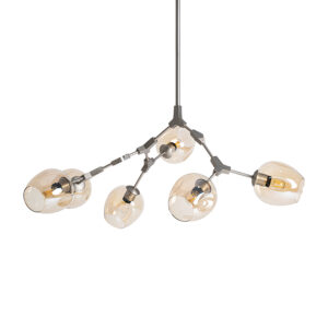 Lámpara de colgar Jhana de estilo art deco fabricado en acero en color plata combinado con cristal en color ambar. Producto desmontable.