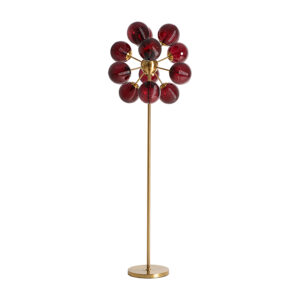 Lámpara de pie Alaia de estilo art deco fabricado en cristal en color burdeos combinado con hierro en color oro. Producto desmontable.