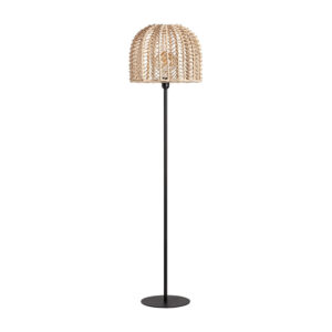 Lámpara de pie plissé rattan de estilo nórdico fabricado en hierro en color negro combinado con ratán en color marrón claro.