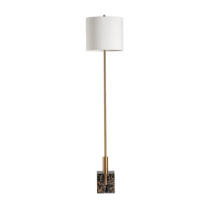 Lámpara de pie Saholy de estilo art deco fabricado en mármol en color negro combinado con hierro en color oro y poliéster en color blanco roto. Producto desmontable.