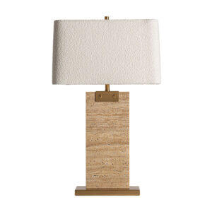 Lámpara de sobremesa de estilo art deco fabricado en travertino en color marrón combinado con hierro en color oro y algodón bouclé en color blanco roto. Producto desmontable.