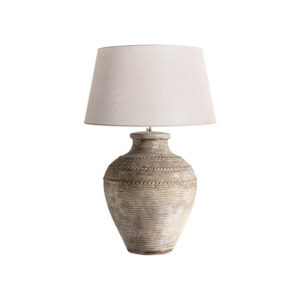 Lámpara de sobremesa de estilo vintage fabricado en terracota en color tonos claros con acabado envejecido combinado con lino.