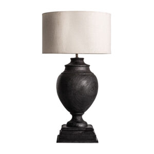 Lámpara de sobremesa de estilo colonial fabricado en madera de mango en color negra combinado con algodón en color blanco y hierro en color oro con acabado viejo. Producto desmontable.