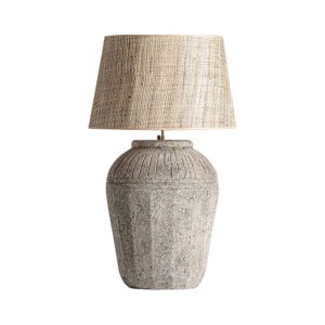 Lámpara de sobremesa de estilo vintage fabricado en cerámica en color gris con acabado envejecido combinado con yute.