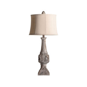 Lámpara de sobremesa de estilo contemporáneo fabricado en resina en color marrón con acabado envejecido combinado con yute. Producto desmontable.