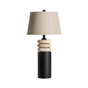 Lámpara de sobremesa Axis de estilo art deco fabricado en mármol en color negro combinado con hierro en color marrón y lino. Producto desmontable.