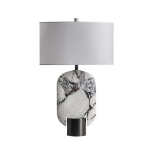 Lámpara de sobremesa Dilash de estilo art deco fabricado en mármol en color blanco con acabado veteado combinado con metal en color negro con acabado mate y poliéster en color blanco roto.