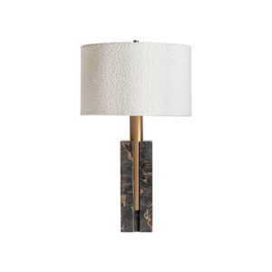 Lámpara de sobremesa Helios de estilo art deco fabricado en mármol en color tonos en marrón combinado con hierro en color oro y poliéster en color blanco roto. Producto desmontable.