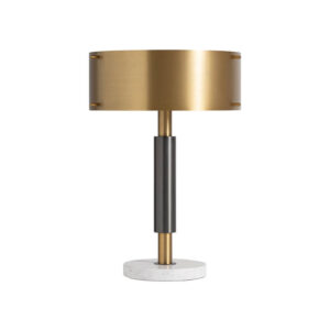 Lámpara de sobremesa Statera de estilo art deco fabricado en mármol en color blanco combinado con hierro en color negro y acero en color oro. Producto desmontable.
