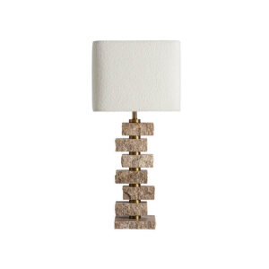 Lámpara de sobremesa Tetbury de estilo art deco fabricado en mármol en color marrón claro combinado con hierro en color oro con acabado bronce y algodón bouclé en color blanco. Producto desmontable.