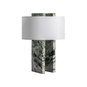Lámpara de sobremesa Viridis de estilo art deco fabricado en mármol en color tonos en verde combinado con hierro en color oro y algodón en color blanco. Producto desmontable.