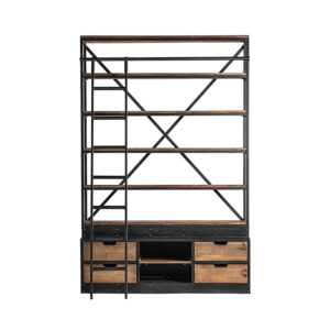 Librería Ivalo de estilo industrial fabricado en madera de pino reciclado en color negro combinado con hierro en color natural. Producto desmontable.