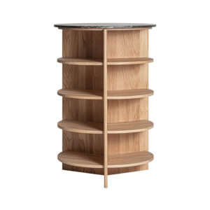 Mesa auxiliar nara de estilo contemporáneo fabricado en madera roble en color marrón claro combinado con mármol en color negro. Producto desmontable.