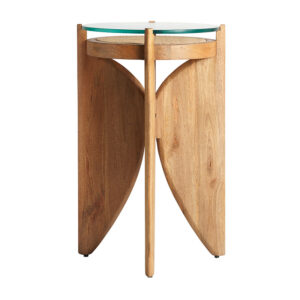 Mesa auxiliar Riesa de estilo colonial fabricado en madera de mango en color marrón combinado con vidrio y ratán. Producto desmontable.