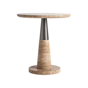 Mesa auxiliar Rust de estilo art deco fabricado en mármol en color beige combinado con hierro en color oro con acabado bronce.