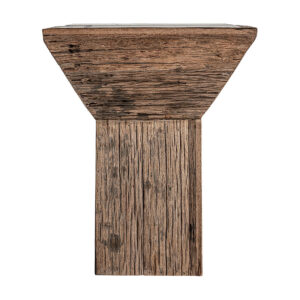 Mesa auxiliar samsun de estilo étnico fabricado en madera recuperada en color marrón con acabado envejecido combinado con mármol en color blanco. Varias maderas: pino mango teka acacia.