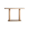 Mesa bar birieux de estilo art deco fabricado en terrazo en color blanco combinado con acero inoxidable en color oro y madera roble en color marrón claro. Producto desmontable.