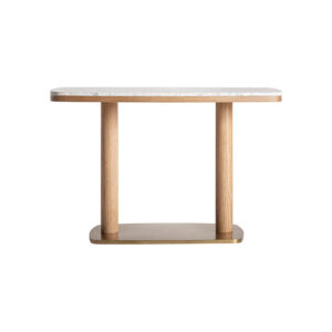 Mesa bar birieux de estilo art deco fabricado en terrazo en color blanco combinado con acero inoxidable en color oro y madera roble en color marrón claro. Producto desmontable.