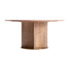 Mesa comedor alferce de estilo art deco fabricado en terrazo en color rojo combinado con acero en color oro y madera de abeto. Producto desmontable.