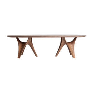 Mesa comedor bilzen de estilo contemporáneo fabricado en chapa de nogal en color marrón con acabado natural combinado con madera dm y fibra de vidrio.