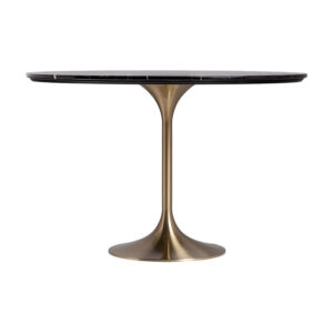 Mesa comedor Kelheim de estilo art deco fabricado en porcelánico en color negro combinado con acero en color oro. Producto desmontable.