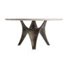 Mesa comedor Laize de estilo art deco fabricado en travertino en color beige combinado con acero inoxidable en color oro con acabado viejo. Producto desmontable.