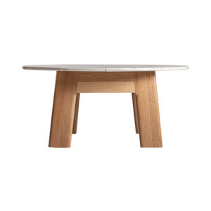 Mesa comedor nara de estilo contemporáneo fabricado en mármol en color blanco combinado con madera roble en color marrón claro. Producto desmontable.