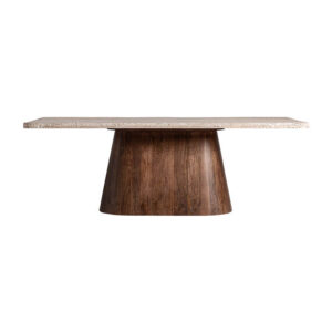 Mesa comedor Sannum de estilo art deco fabricado en travertino en color beige combinado con madera de mango en color marrón. Producto desmontable.