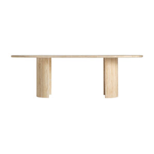 Mesa comedor thiennes de estilo art deco fabricado en travertino en color marrón claro. Producto desmontable.
