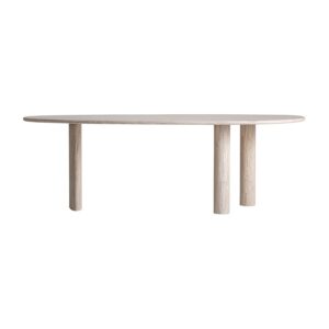 Mesa comedor Thiennes de estilo art deco fabricado en travertino en color blanco roto. Producto desmontable.