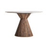 Mesa comedor toigne de estilo contemporáneo fabricado en madera tropical en color marrón combinado con mármol en color blanco. Producto desmontable.
