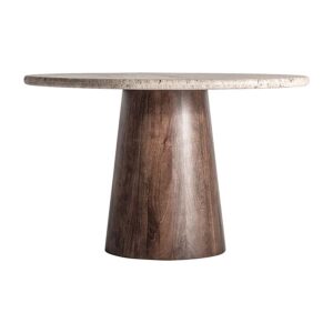 Mesa comedor Varzi de estilo art deco fabricado en travertino en color beige combinado con madera de mango en color marrón. Producto desmontable.