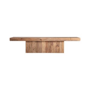 Mesa de centro breive de estilo rústico. Fabricado en madera de pino reciclado en color marrón envejecido. Producto desmontable.