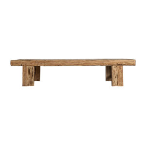 Mesa de centro kerp de estilo étnico fabricado en madera de teka en color marrón con acabado natural.
