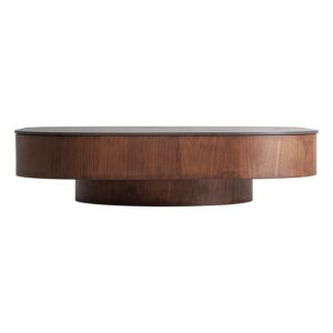 Mesa de centro Neufs de estilo contemporáneo fabricado en mármol sintético en color negro combinado con madera contrachapada en color marrón y chapa de nogal.