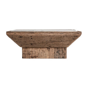 Mesa de centro samsun de estilo étnico fabricado en madera de pino reciclado en color marrón con acabado envejecido combinado con mármol en color blanco. Varias maderas: pino mango teka acacia.