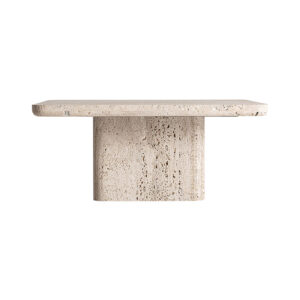 Mesa de centro theuville de estilo art deco fabricado en travertino en color beige. Producto desmontable.