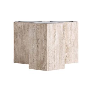 Mesa de centro Thiennes de estilo art deco fabricado en travertino en color marrón claro combinado con cristal en color ambar.