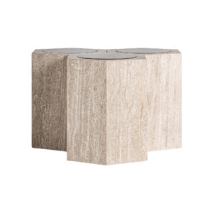 Mesa de centro Thiennes de estilo art deco fabricado en travertino en color marrón claro combinado con cristal en color verde.