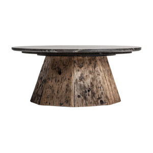 Mesa de centro walding de estilo nórdico fabricado en mármol en color marrón combinado con madera recuperada. Producto desmontable.
