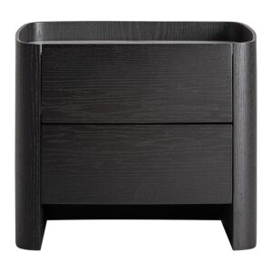 Mesita de noche Haesa de estilo contemporáneo fabricado en madera contrachapada en color negro combinado con chapa de roble en color negro y piedra sinterizada en color negro.