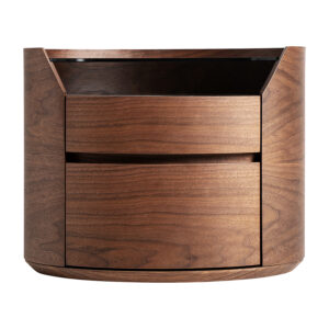 Mesita de noche Lecco de estilo contemporáneo fabricado en madera contrachapada en color marrón combinado con cristal en color transparente y cerámica en color blanco.