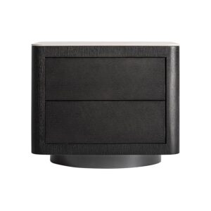 Mesita de noche Wholen de estilo art deco fabricado en madera dm en color negro combinado con chapa de roble en color gris y piedra sinterizada en color blanco.
