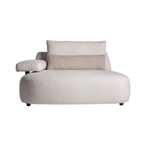Módulo sofá esquinero wingles de estilo contemporáneo fabricado en madera de alerce en color beige con acabado jaspeado combinado con poliéster en color blanco roto y espuma. Patas de hierro en color negro. Cojines rellenos de pluma de oca mixta. . Compatible con: 36091 36092.