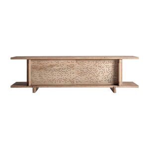 Mueble tv jacquard de estilo contemporáneo. Fabricado en madera de mango en color marrón claro.