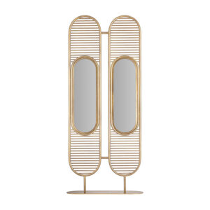 Parabán alleghe de estilo art deco. Fabricado en acero en color oro combinado con cristal. Producto desmontable.