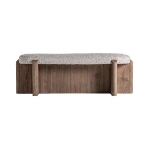 Pie de cama Jacquard de estilo contemporáneo fabricado en madera de olmo en color marrón combinado con poliéster en color beige.