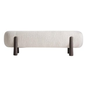 Reposapiés Davos de estilo contemporáneo fabricado en poliéster en color blanco con acabado chenilla combinado con madera de pino en color marrón y espuma. Producto desmontable.